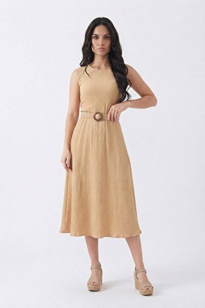 Fulla Moda Belted Wrinkled Fabric Dress
