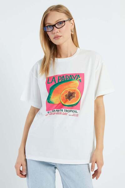 Fulla Moda Μπλουζάκι Casual με στάμπα παπάγιας και λαιμόκοψη ποδηλάτου
