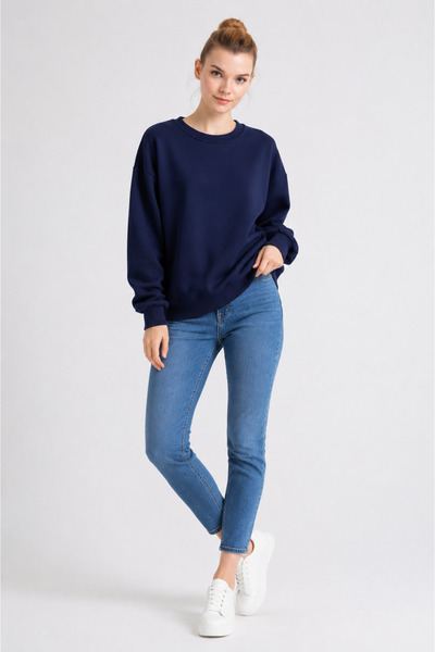 ESADE Kadın Bisiklet Yaka Rahat Kalıp İçi Yünlü İki İplik Lacivert Sweatshirt