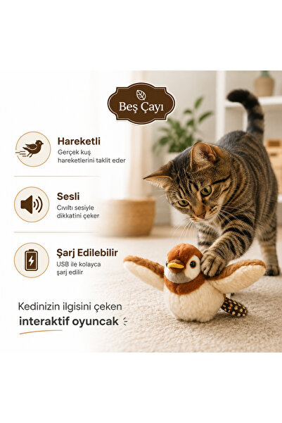 Hareketli Sesli Peluş Kuş Kedi Oyuncağı – Şarjlı Kanat Çırpan İnteraktif Oyuncak