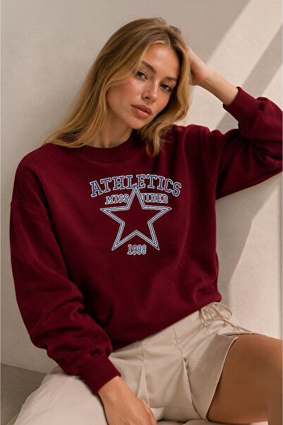 ESADE Kadın Athletics Yıldız Baskılı Rahat Kalıp Bisiklet Yaka Bordo Sweatshirt
