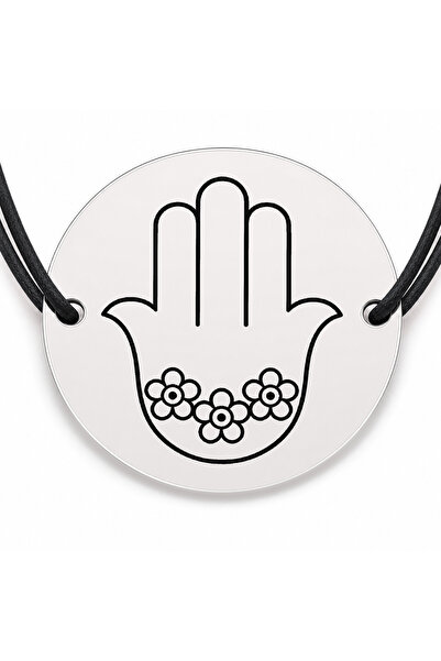 Simoshop Brățară argint 925 cu bănuț gravat hamsa cu flori, șnur negru reglabil