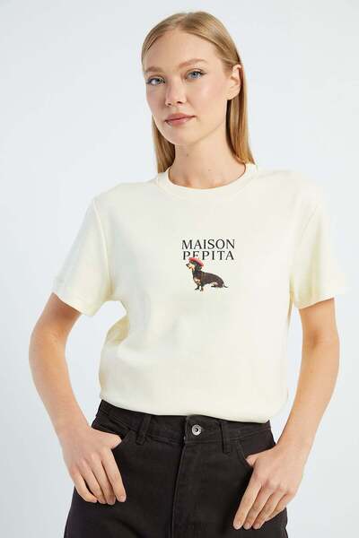 Fulla Moda Dog Printed Crew Neck Casual T-Shirt