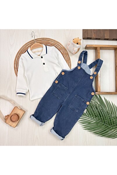 my petit panda Polo Collar Combed Cotton Lycra Denim Salopet Baby Boy Set