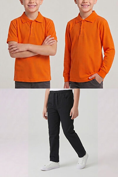 nacar çarşı Boys' School Orange Long and Short Sleeve Polo Collar T-Shirt Bla...