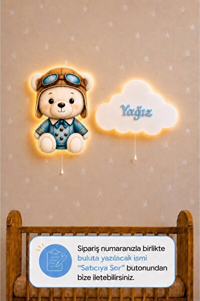 BugyBagy Ahşap 2li İsme Özel Pilli Duvar Gece Lambası Seti Yıldız Hediyeli Be...