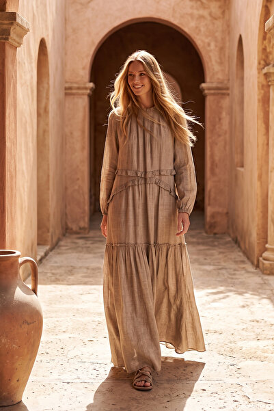 Lale Butik Lace-Up Dress with Ruffle Detail on the Front 330353 Beige
