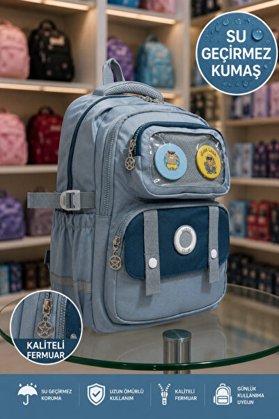 Glanart 6 bölümlü içi full astarlı su geçirmez ilköğretim çantası (beslenme+kalemlik) set 1 adet buz mavisi