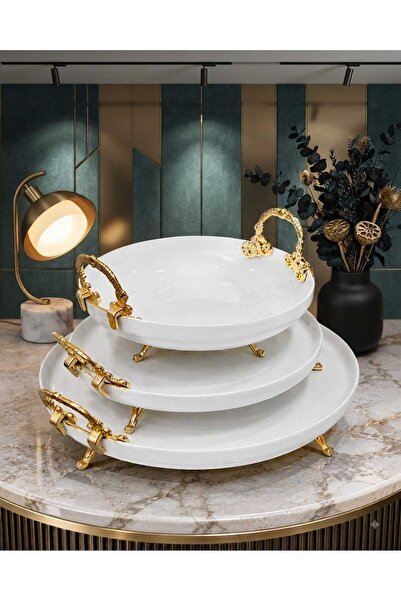 Buldem 3-Piece Gold Handled Porcelain Presentation Plate Set and Serving Set