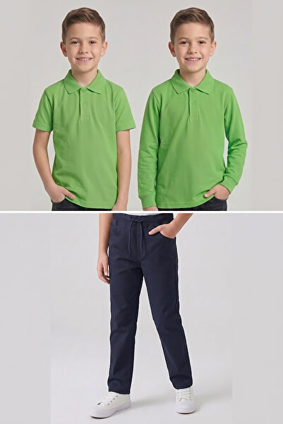 nacar çarşı Boys' School Green Long and Short Sleeve Polo Collar T-Shirt Navy...