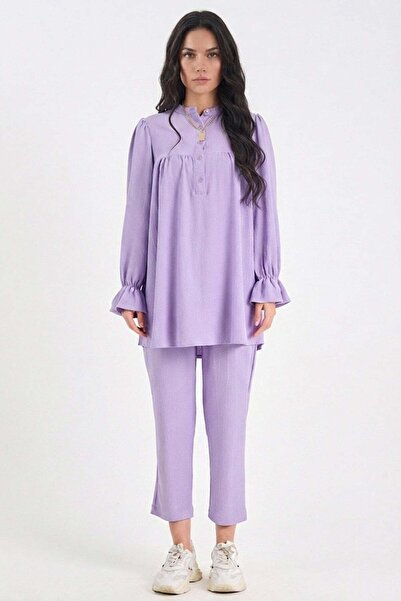 Fulla Moda Fullamodest Half Buttoned Wrinkled Fabric 2-Piece Set