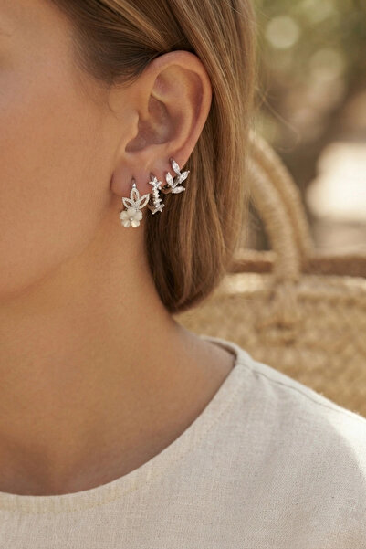 online kapsulavm avm alışveriş Set of 3 Flower Model Silver Color Women's Ear...