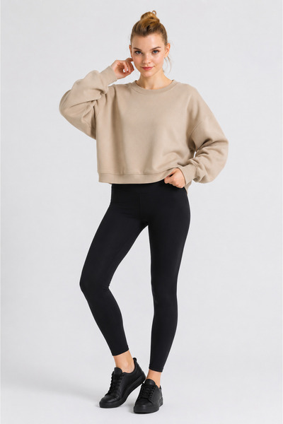ESADE Kadın Bisiklet Yaka Rahat Kalıp İçi Yünlü İki İplik Bej Sweatshirt