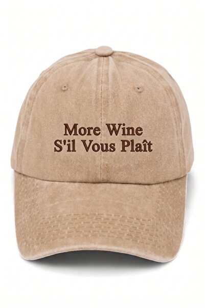 ŞapkaMania More Wine S'Il Vous Plais - Written Beige Washed Vintage Baseball Cap