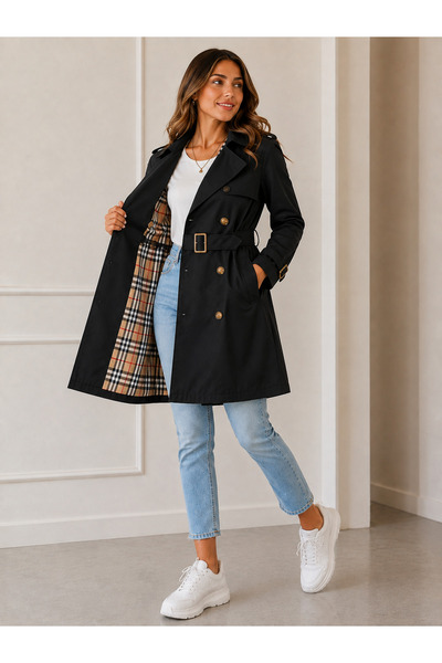 VıoShıne Women's Patterned Lined Belted Double-Breasted Buttoned Trench Coat