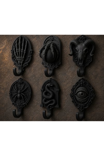 KUNDUZ AHŞAP TASARIM ATÖLYESİ Set of 6 Gothic Wall Key Holder Hangers / Black Decorative Key Holder