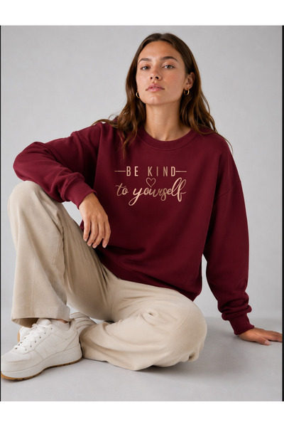 ESADE Kadın Be Kind Yourseld Yazılı Rahat Kalıp Bisiklet Yaka Bordo Sweatshirt