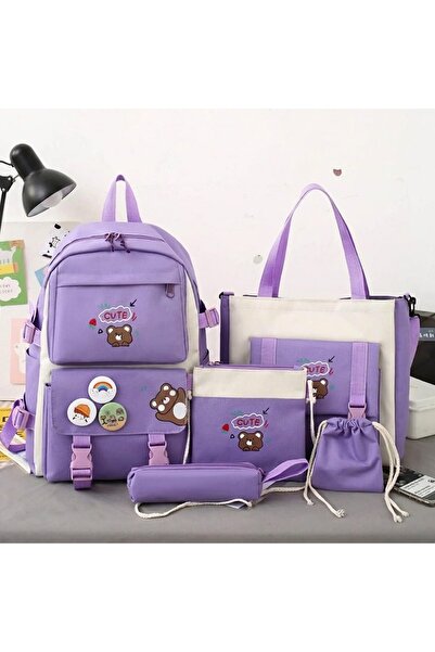 Generic Brand Canvas Backpack Set Girl Backpack Five-Piece Set Shoulder Bag H...