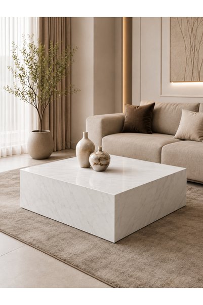ibrahim suleiman al saqami Premium MDF Marble Look Coffee Table – Modern Square Center Table, Stone Look Finish, Minimalist Living Room Table – 80 × 80 × 30 cm
