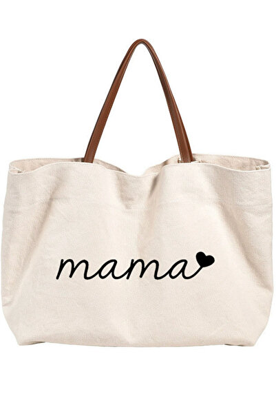Marecot Women's Ecru Canvas Mother Written Shoulder Bag Large Volume Brown Ha...