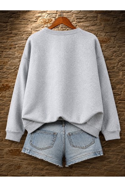 ESADE Women's Pink Zampak Flower Sleeve Printed Comfortable Fit Crew Neck Gray Sweatshirt