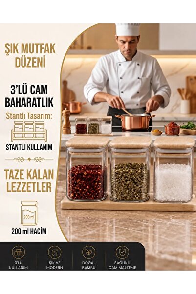 SEVORAHOME 3'lü 200 Ml Bambu Kapaklı Borosilikat Cam Baharatlık Bambu Altlıklı