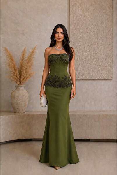 RASHA FASHION فستان سهرة زيتي فاخر بتطريز خرز أسود قصة حورية البحر
