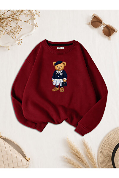 ESADE Kadın Bear Ayı Kolej Baskılı Rahat Kalıp Bisiklet Yaka Bordo Sweatshirt