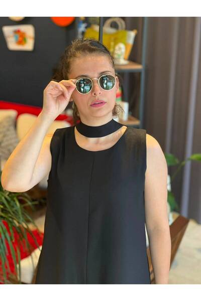 siyah kolsuz bol paça kemerli tulum