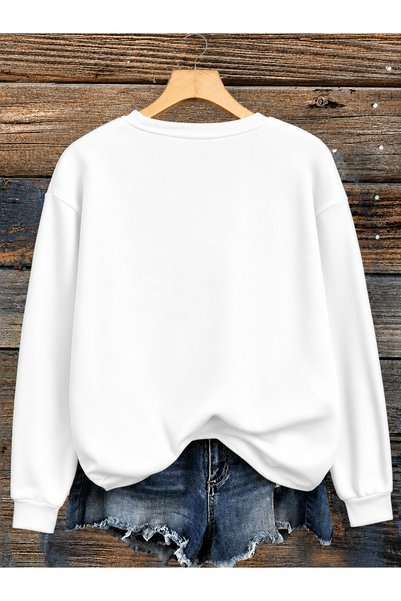 ESADE Women's Pink Zampak Flower Sleeve Printed Comfortable Fit Crew Neck White Sweatshirt
