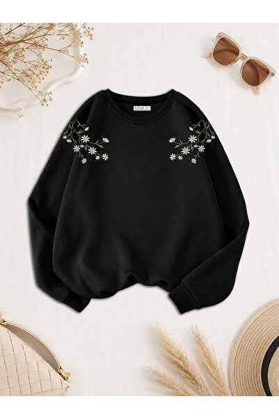 ESADE Kadın Yeşil Dal Omuz Baskılı Rahat Kalıp Bisiklet Yaka Siyah Sweatshirt
