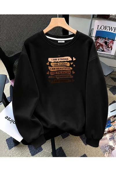 ESADE Women's Special Design Printed Comfortable Fit Crew Neck Black Sweatshi...