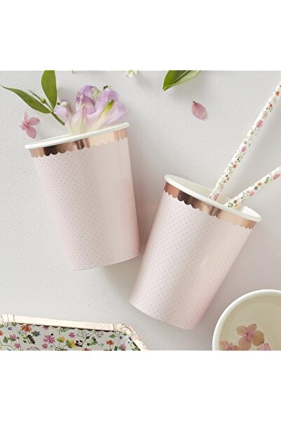 Generic Ginger Ray Foiled Ditsy Floral Polka Dot Paper Cups 8 Pieces, Rose Gold