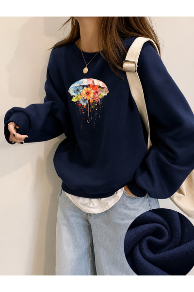 ESADE Hanorac albastru închis cu imprimeu de umbrelă cu flori, design special