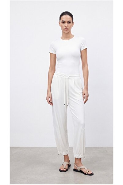 Lastik paça model karışımılı rahat pantolon-Ekru