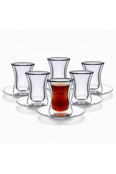 Generic BLACKSTONE Double Wall Estikana Tea Glass Set with Saucer 100 ml 12 P...