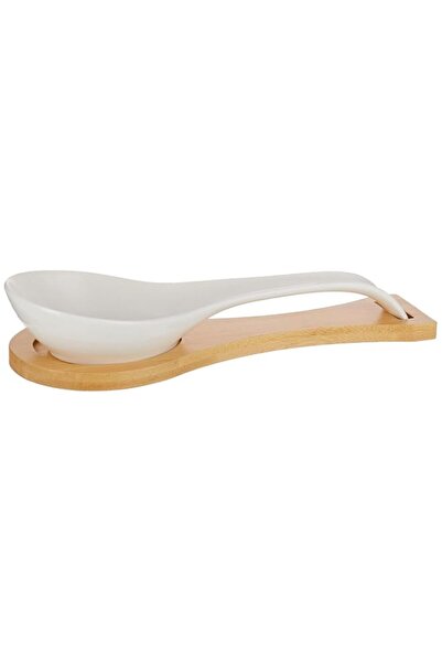 Generic Bone China Shallow Spoon Rest with Bamboo Stand 23x10x5Cm