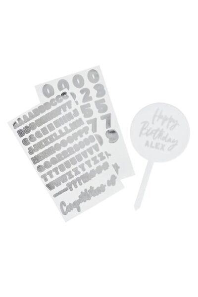 Generic Acrylic Cake Topper & x2 Silver Sticker Sheets