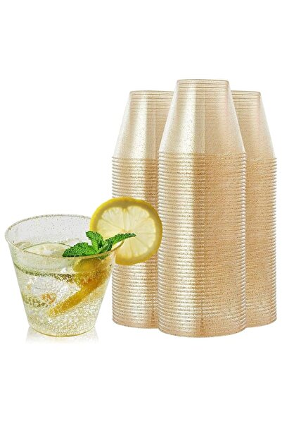 Generic Disposable Plastic Cups, 100 Pack 9 oz Clear Plastic Cups with Gold G...