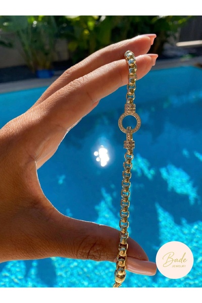 Bade Jewelry Vip Gold Taşlı Halka Detaylı Kararmaz Çelik Şık Bileklik 17+2 cm