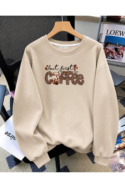 ESADE سويت شيرت نسائي من But First Coffee بطبعة جلد الفهد، مريح وذو ياقة دائر...
