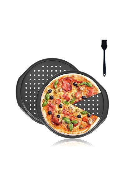 Generic 2 Pcs Pizza Tray – 14 inch Round with Silicone Handles – Carbon Steel...