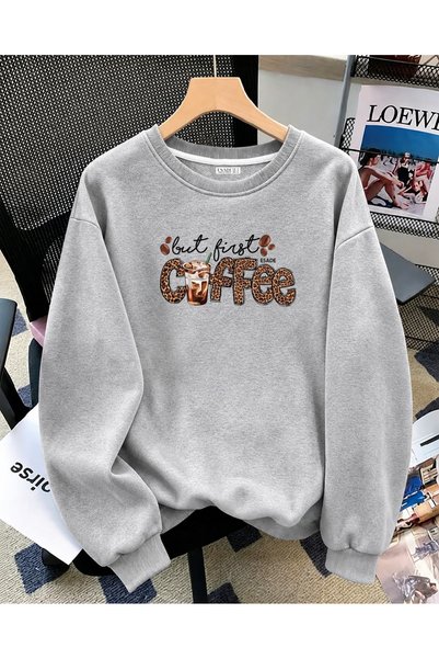 ESADE سويت شيرت نسائي من But First Coffee مطبوع عليه نقوش الفهد ومريح وياقة د...