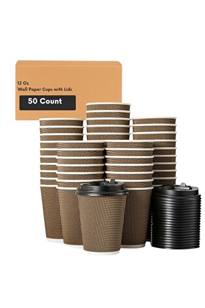 Generic Pack of 50 – 12 Oz – AL FAKHAMA Ripple Wall Paper Cups with Lids, Cla...