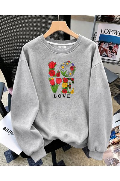 ESADE Women's Love Flower Graphic Printed Comfortable Fit Crew Neck Gray Swea...