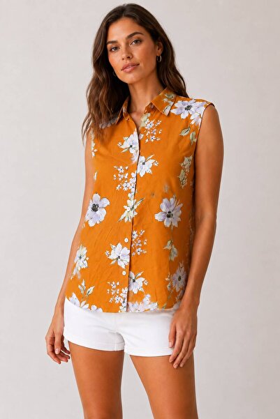 Nuevo Women's Orange Floral Patterned Sleeveless Shirt - Buttoned Relaxed Fit...