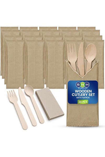 Generic SNH Packing Disposable Bamboo Fork, Spoon and Knife with Napkin Cutle...