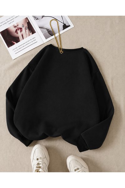 ESADE Women's Blue Bow Anaktar Printed Comfortable Fit Crew Neck Black Sweatshirt