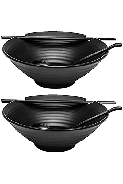 Generic 2 Sets of Ramen Bowl (Black Melamine), 6pcs, 37oz Soup Bowls with Cho...