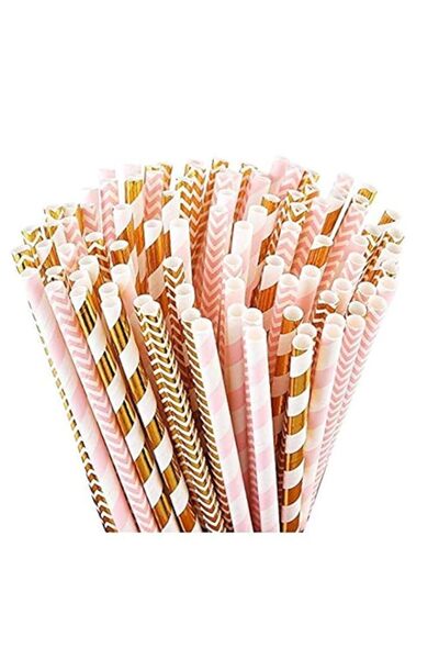Generic 100 Pink Straws/Gold Straws For Party Supplies, Biodegradable Paper S...